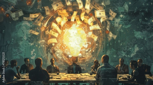 A high-stakes financial meeting with a radiant light bulb and floating currency, symbolizing a powerful brainstorm.
