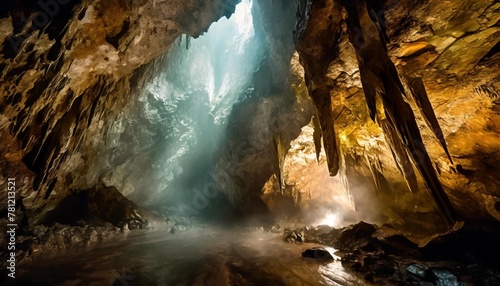 large foggy illuminated underground cave in limestone rock i