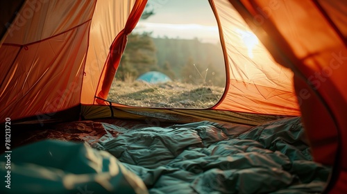 View from inside a tent in a forest. Adventure and travel concept. Design for outdoor equipment