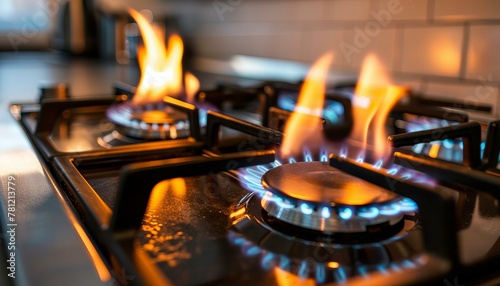 Gas stove burners in a modern kitchen. Home and cooking concept. Design for appliance brochure