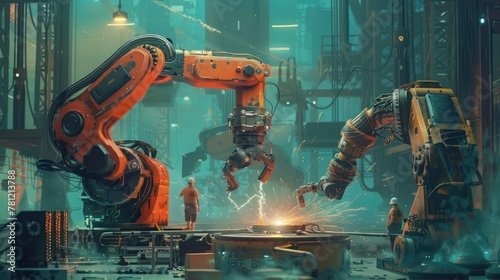 Industrial robotic arms welding with bright sparks, overseen by workers in a high-tech manufacturing setting