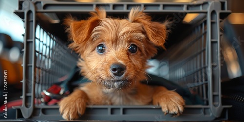Cute puppy sitting in a carrier with a curious expression on his face.