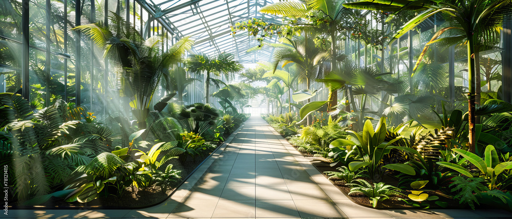Lush Botanical Garden in Bright Greenhouse, Exotic Plants and Tropical Foliage, Natures Beauty Indoors, Peaceful Environment
