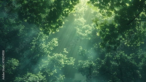 A green canopy of an old forest from above  sunlight filtering through leaves  a hidden world revealed