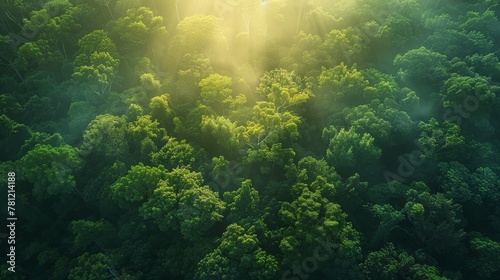 A green canopy of an old forest from above, sunlight filtering through leaves, a hidden world revealed