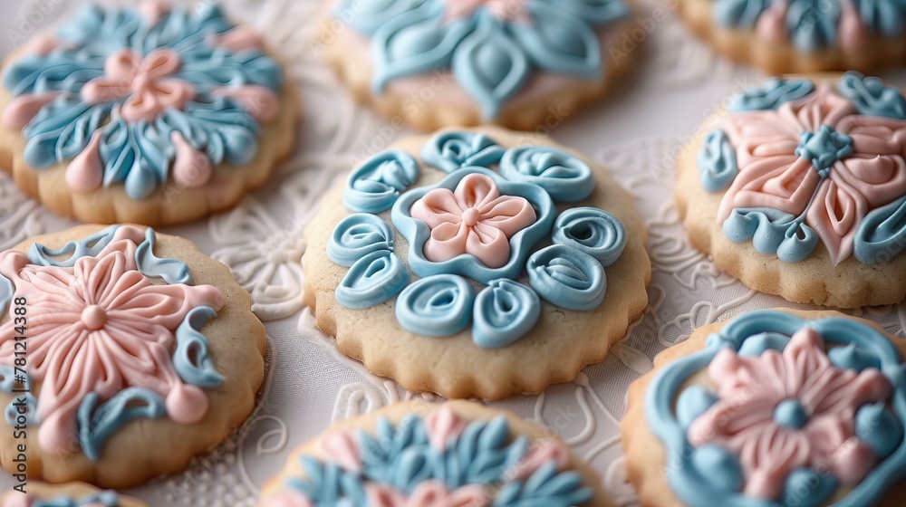 Decorated cookies with royal icing. Baking and confectionery concept. Design for bakery brochure