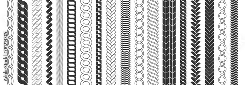 Chain pattern brushes set braided rope isolated on white background. Rope brushes frame, decorative black line set. Thick cord or wire elements.