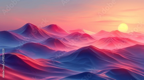 Surreal Pink and Blue Mountains, Vibrant Landscape, Sunset with Copy Space