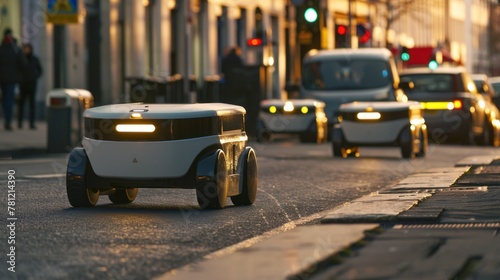 A fleet of autonomous delivery robots navigating through a busy urban environment. photo