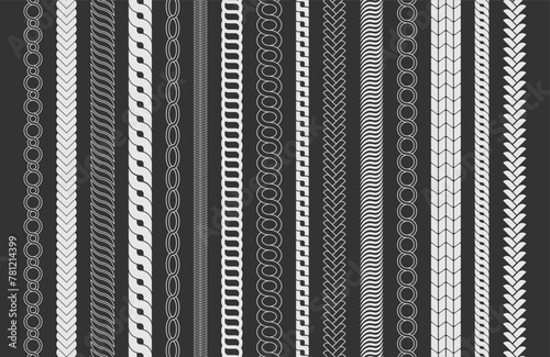 Chain pattern brushes set braided rope isolated on white background. Rope brushes frame, decorative black line set. Thick cord or wire elements.