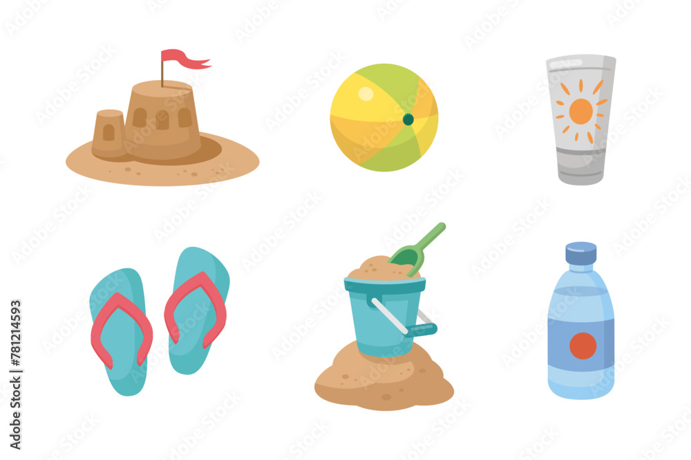 Summer Set. Cute summer icons collection. Summertime elements. Beach games icons. Beach holidays elements. Cartoon vector illustration. Flat design.