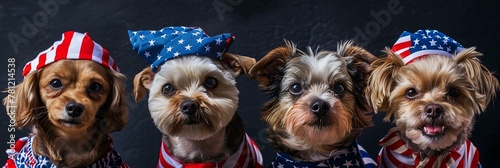 Two pugs in patriotic bandanas and hats. American holiday and pet fashion concept.