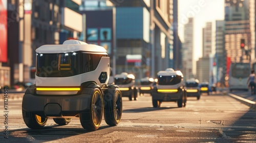 A fleet of autonomous delivery robots navigating through a busy urban environment.