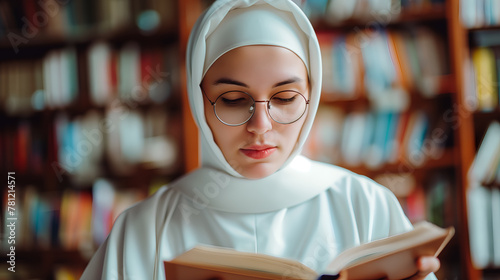 Portrait of Caucasian nun reading bible book in the library photo