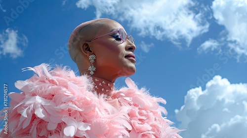 A woman wearing a pink feathery dress and glasses stands in front of a blue sky