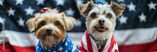 Two pugs in patriotic bandanas and hats. American holiday and pet fashion concept.