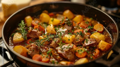 A pot on the stove with ingredients for a hearty stew, a close-up capturing the initial stages of cooking