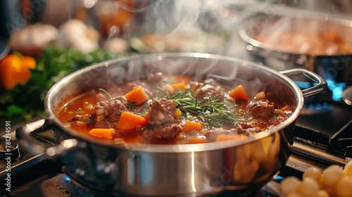 A pot on the stove with ingredients for a hearty stew, a close-up capturing the initial stages of cooking