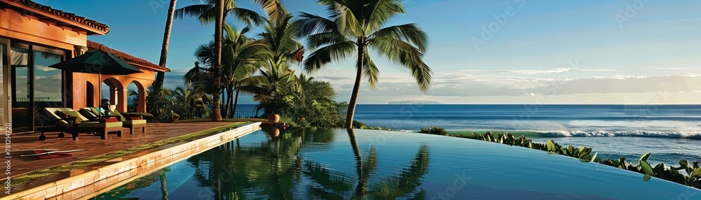 Couple at the edge of an infinity pool overlooking the ocean. Romantic getaway and luxury holiday