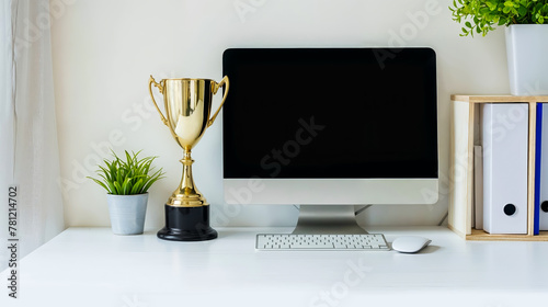 trophée en or à côté d'un écran d'ordinateur pour l'élection du meilleur site internet de l'année photo