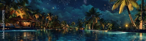 Tropical resort with infinity pool at dusk, panoramic view. Luxury travel and vacation concept. photo