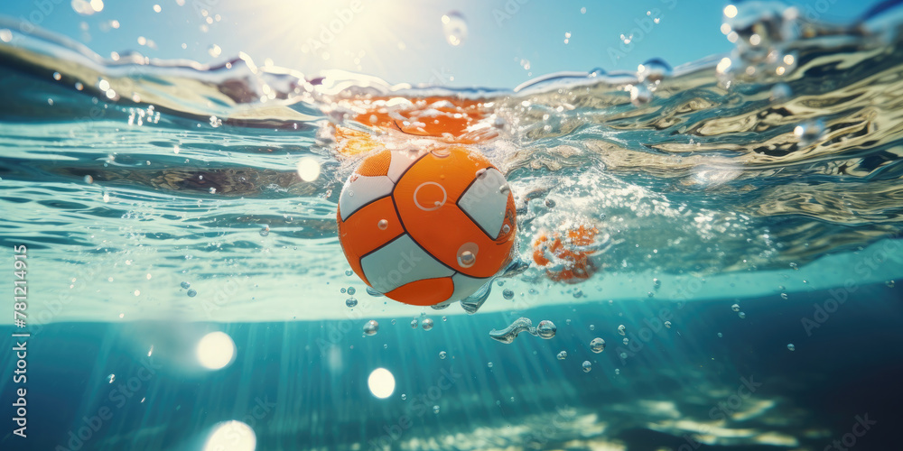A water polo ball floats in the water. Water polo