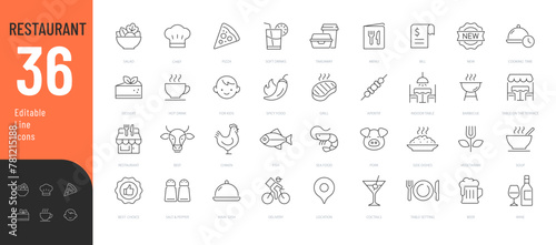 Restaurant Line Editable Icons set. Vector illustration in modern thin line style of public catering related icons: menu categories, table reservations, food and drinks, and more. 