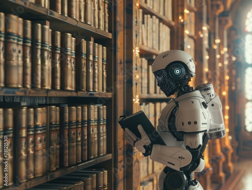 AI robot in an old library, surrounded by books, a fusion of old and new, warm tones and soft lighting