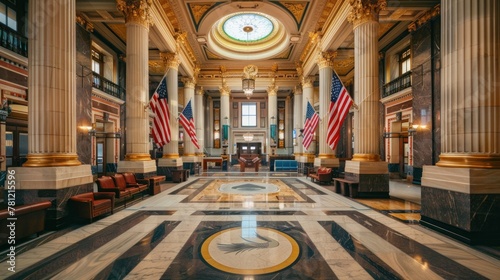 A courthouse interior with flags and judicial symbols.  photo