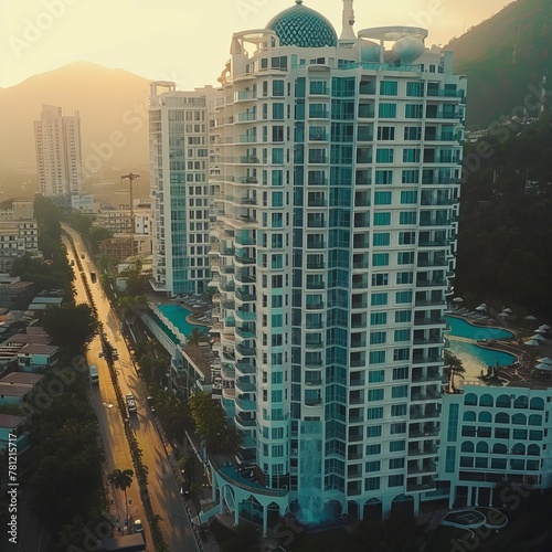 cinematic shot, low height drone view of a high-rise of a modern white apartment building with balconies