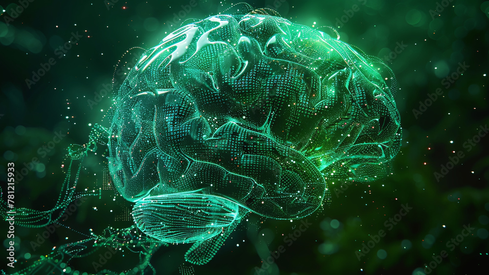AI Mindscapes: Digital Human Brain Formed from Glowing Green Data Streams AI Mindscapes: Digital Human Brain Formed from Glowing Green Data Streams