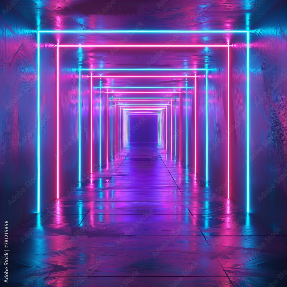 Vibrant neon light tunnel with a perspective view. Abstract modern art and futuristic design concept Vibrant neon light tunnel with a perspective view. Abstract modern art and futuristic design concept