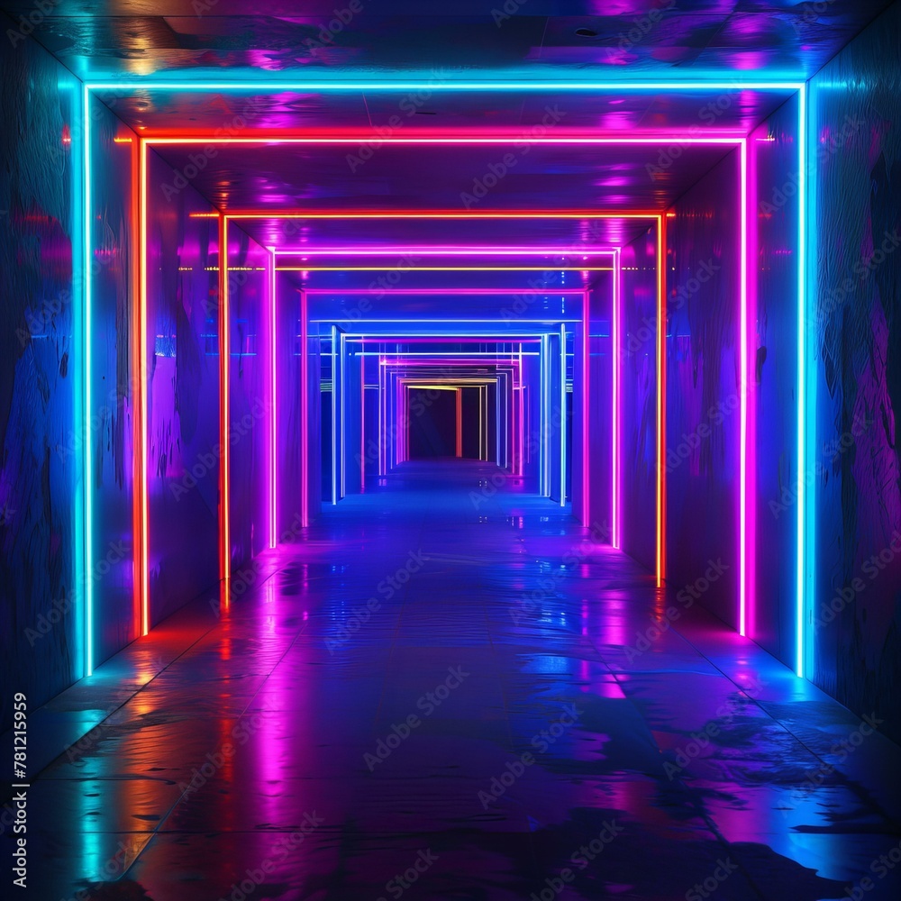 Vibrant neon light tunnel with a perspective view. Abstract modern art and futuristic design concept Vibrant neon light tunnel with a perspective view. Abstract modern art and futuristic design concept