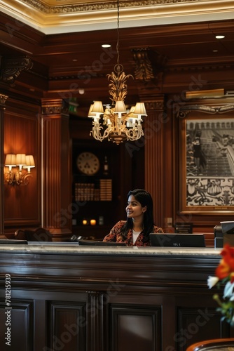 At the concierge desk, a South Asian woman assists guests with impeccable professionalism, her warm smile and attentive demeanor ensuring a memorable stay for each visitor. © Ammar