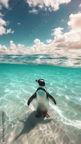 Penguin standing on a pristine beach with clear waters. Wildlife and conservation concept.