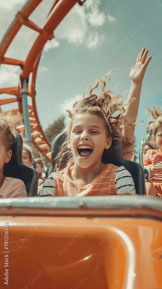 Mother and daughters screaming with joy on a roller coaster. Outdoor amusement park