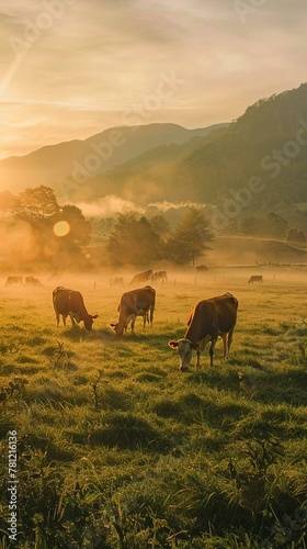 Cattle in a misty meadow at sunrise. Rural life and agricultural. Design natural product packaging
