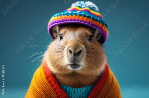 The capybara is wearing a hat and a sweater.