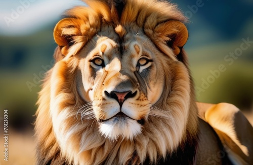 A lion with a beautiful mane on a sunny day.