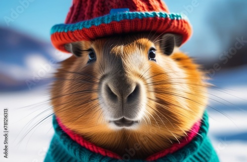 A guinea pig in a hat in close-up.