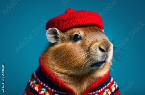 A rodent in a red hat and sweater on a blue background