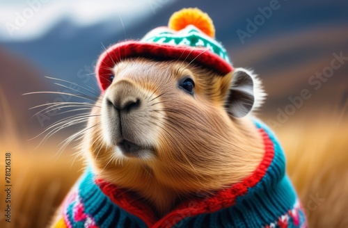 A prairie dog in warm clothes on the background of a field.