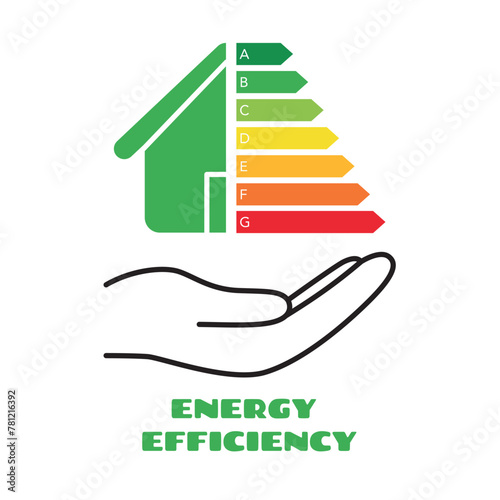 House with energy efficiency symbol on hand. Energy class rating. Save energy