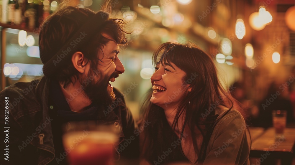 Young couple laughing together in an old cafe