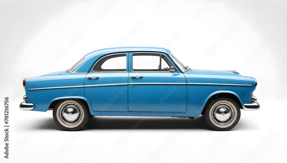Passenger blue old car isolated on a white background, with clipping path. Full Depth of field. Focus stacking, side view.