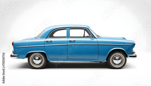 Passenger blue old car isolated on a white background, with clipping path. Full Depth of field. Focus stacking, side view. © Yauhen