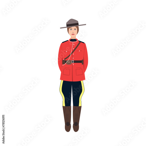 Canadian female policewoman in traditional uniform - scarlet tunic and breeches, cartoon vector illustration isolated on white background. Full length portrait of Canadian woman policeman. © Toltemara