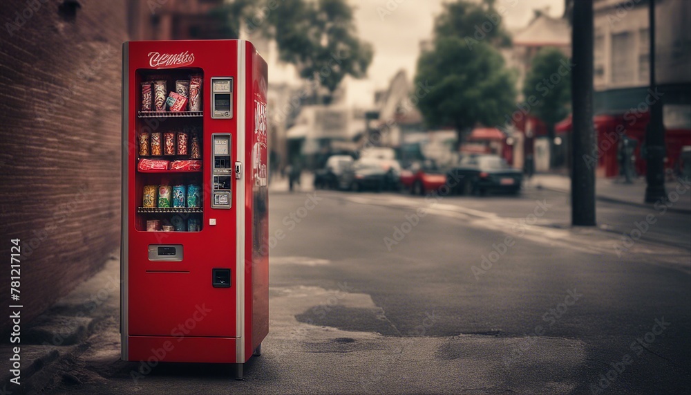 A red vending machine on a street corner offers snacks and drinks 24/7, reflecting urban convenience and consumerism.