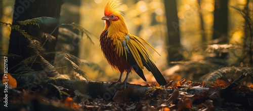 Golden bird perched on log ...