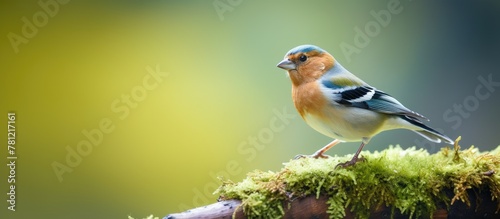 Small bird rests on mossy twig